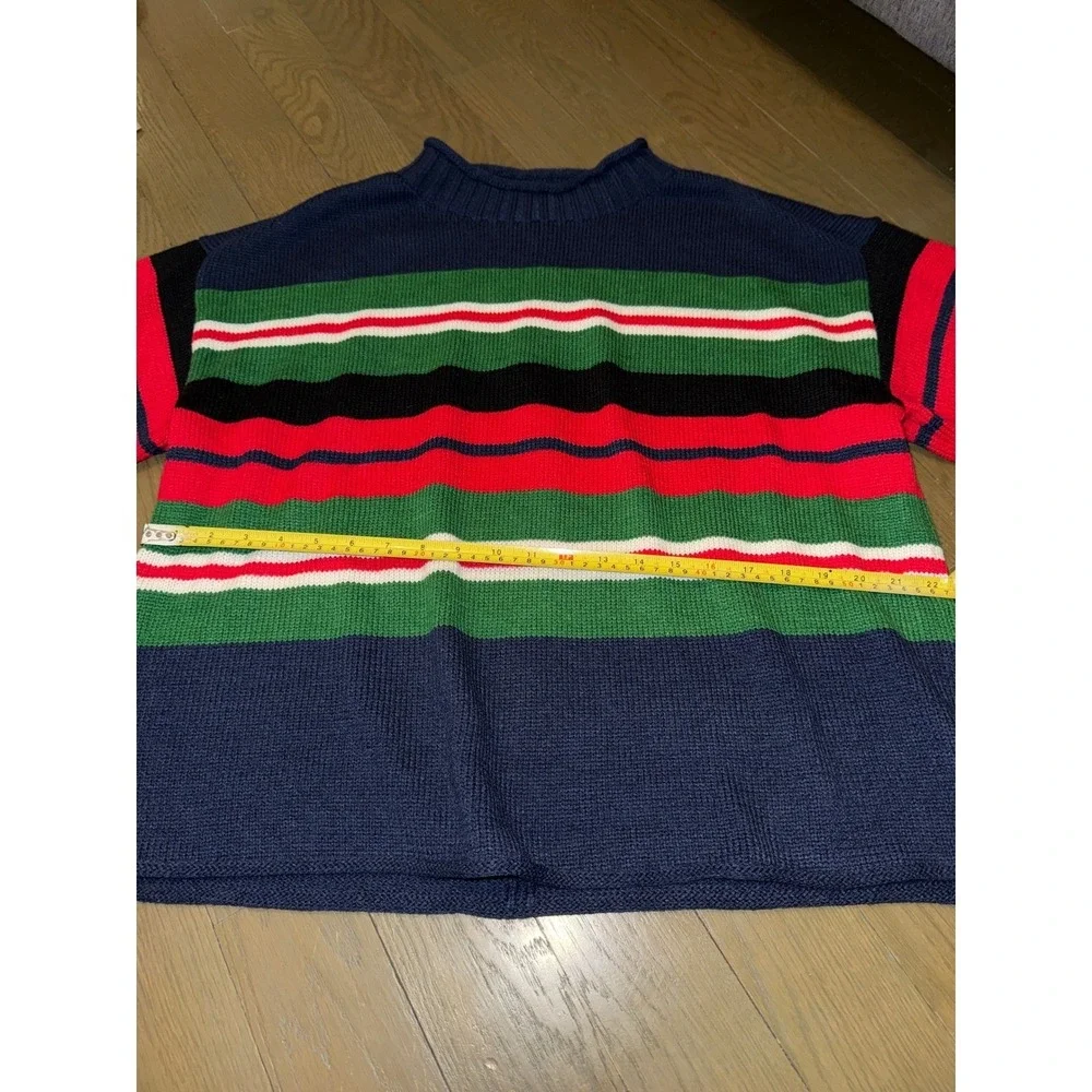 Vintage Style Chunky Knit Striped Sweater Navy Green Red Mock Neck Oversized L‎